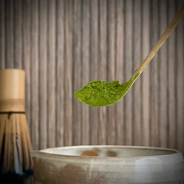 Een bamboe matcha klopper  op whiskhouder en een bamboelepel met matcha boven een gedeelte van een match kom.