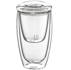 Dubbelwandig theeglas met glazen theefilter voor losse thee en glazen deksel.