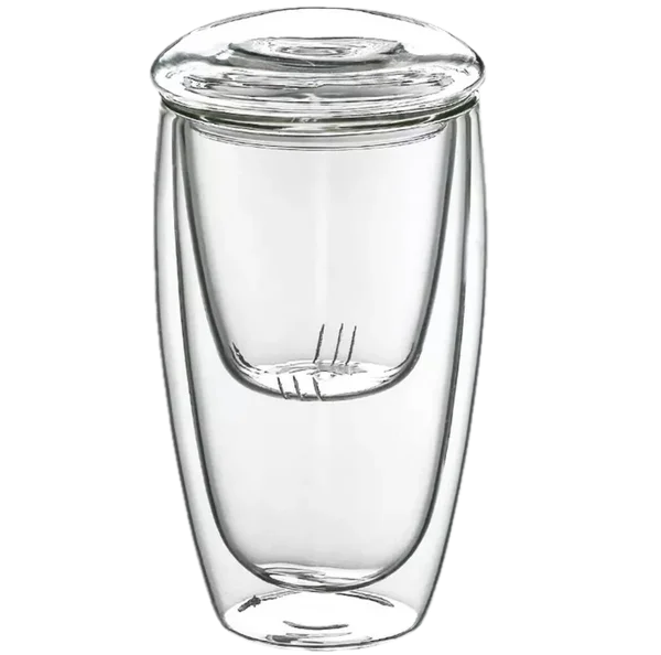 Dubbelwandig theeglas met glazen theefilter voor losse thee en glazen deksel.